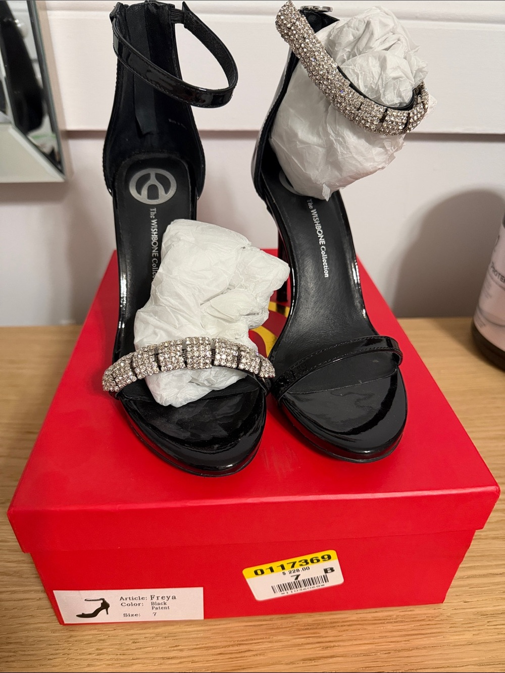 Freya Black Patent Heeled Sandals with Rhinestone Straps